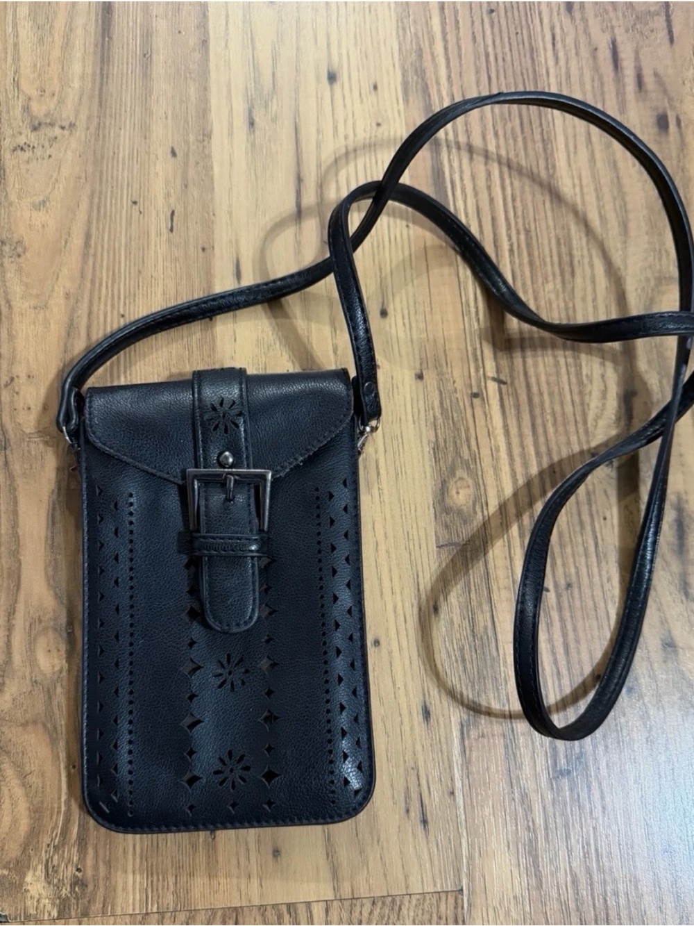 Mellow World Black Vegan Leather Laser Cut Phone Crossbody Purse Bag